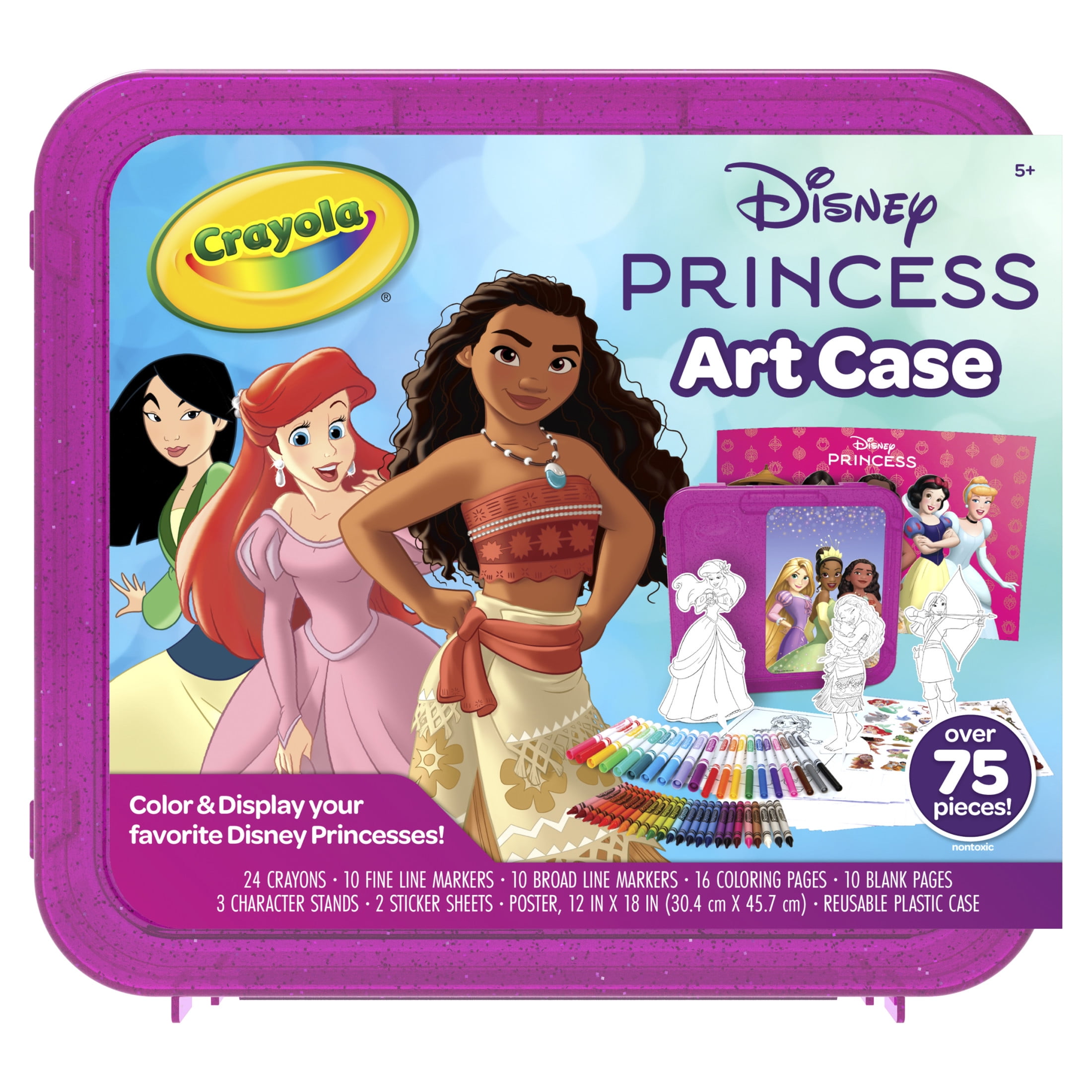 Crayola Disney Princess Art Case, 75 Pcs, Markers & Crayons Coloring Set, Travel Activity, Moana Ariel Gift for Girls & Boys,5+