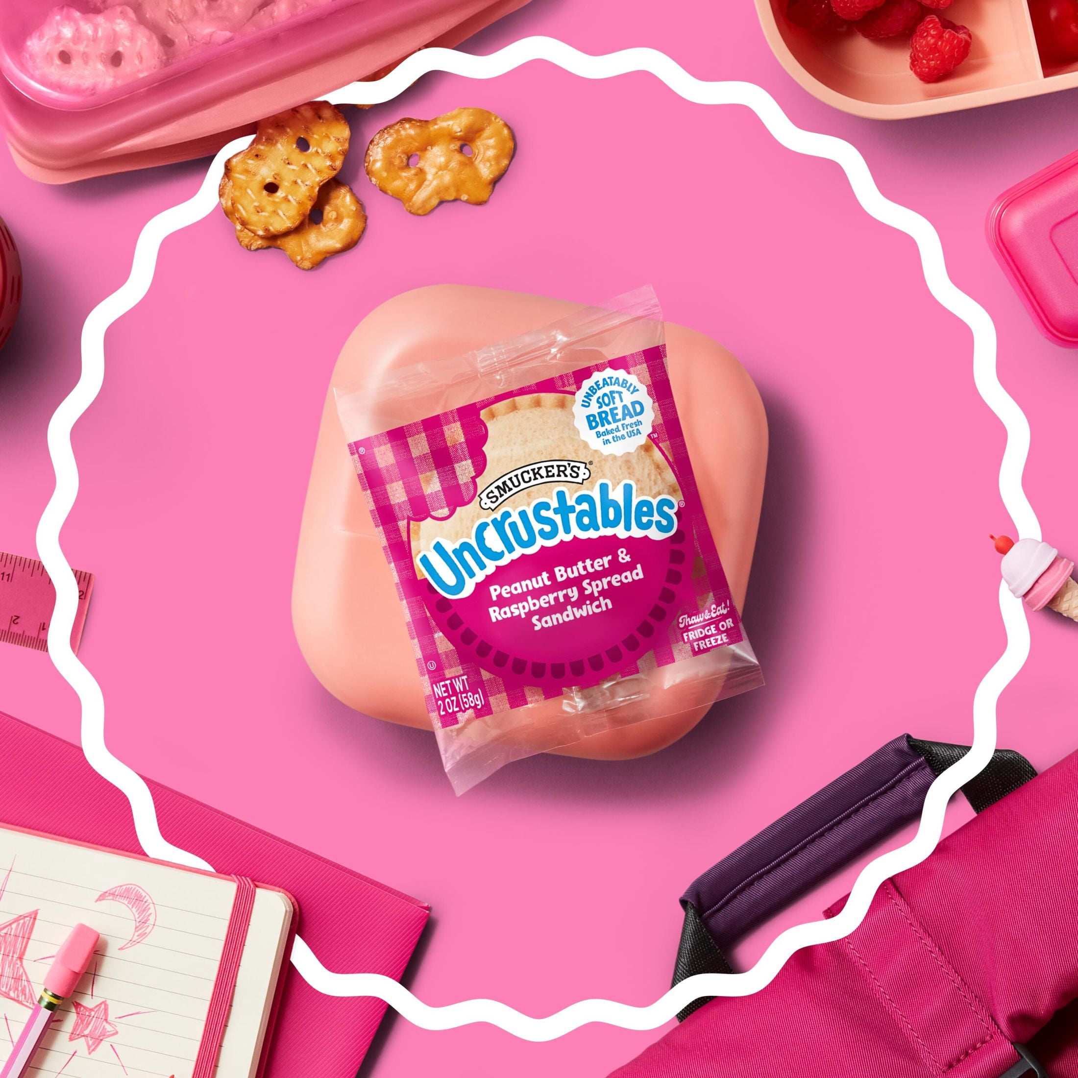 Smucker’s Uncrustables Peanut Butter & Raspberry Spread Sandwiches, 10 Count, 2 oz Each, Frozen
