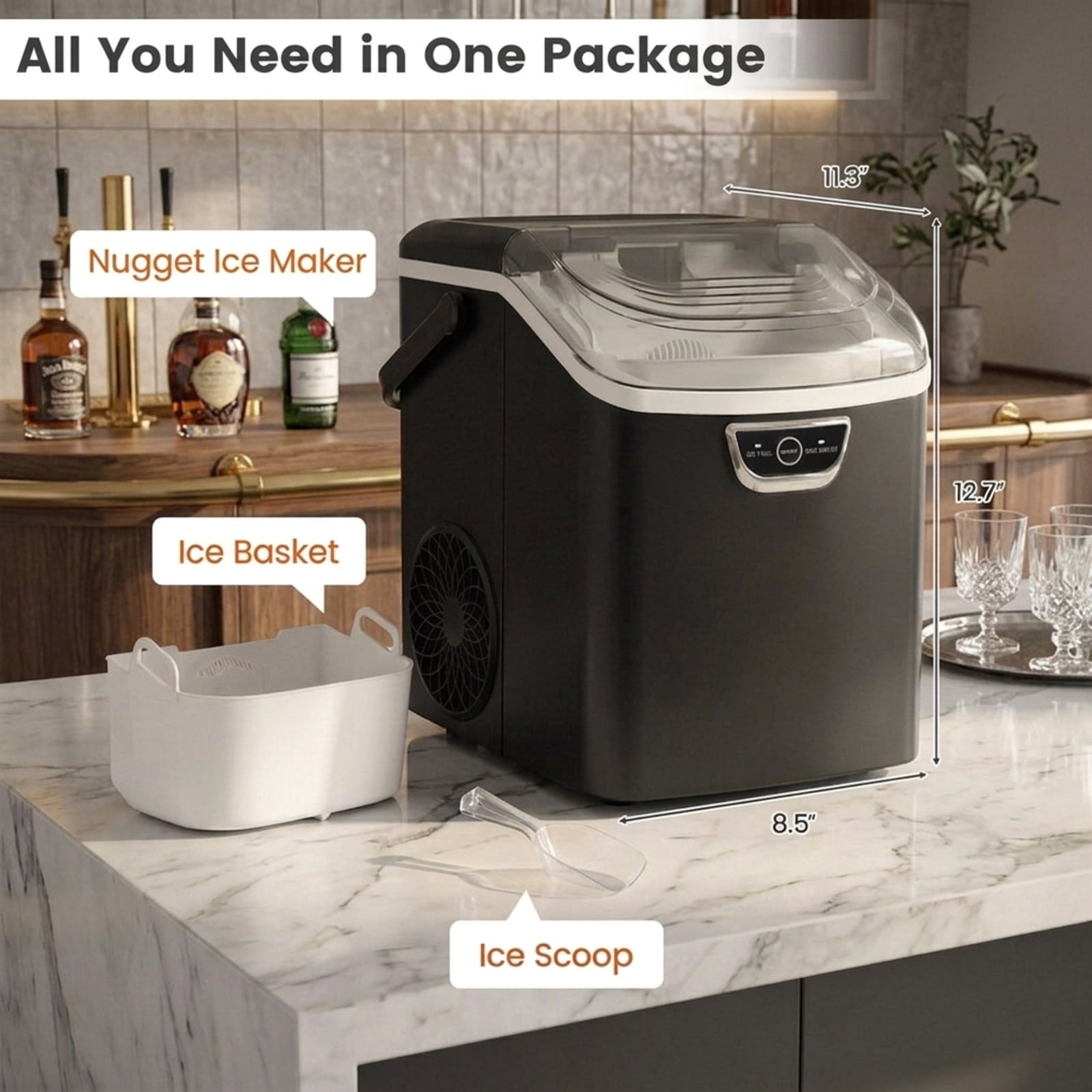 RUIE Nugget Ice Maker Countertop 33 lbs/Day, Soft Chewable Pellet Ice Machine with Ice-Full Alarm for Home Kitchen Bar Office, Portable, Black