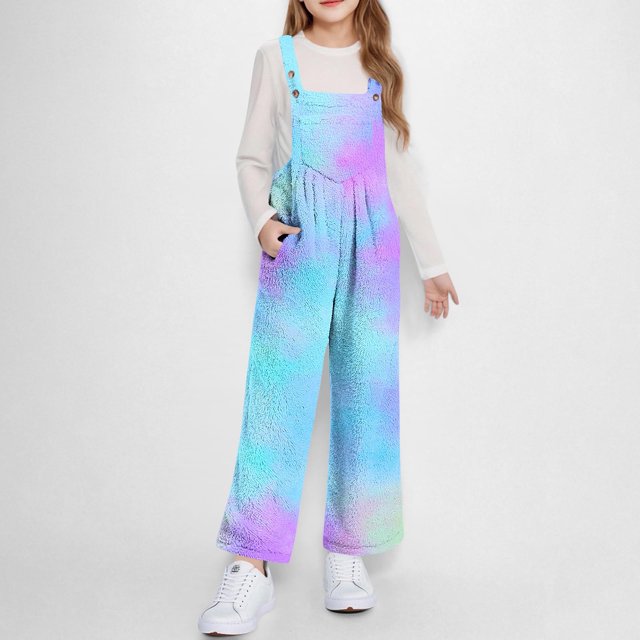 Mono sin mangas con tirantes incorporados, pantalón largo de poliéster, para niñas de 5 a 14 años, otoño e invierno, con bolsillo de forro polar, estampado en color