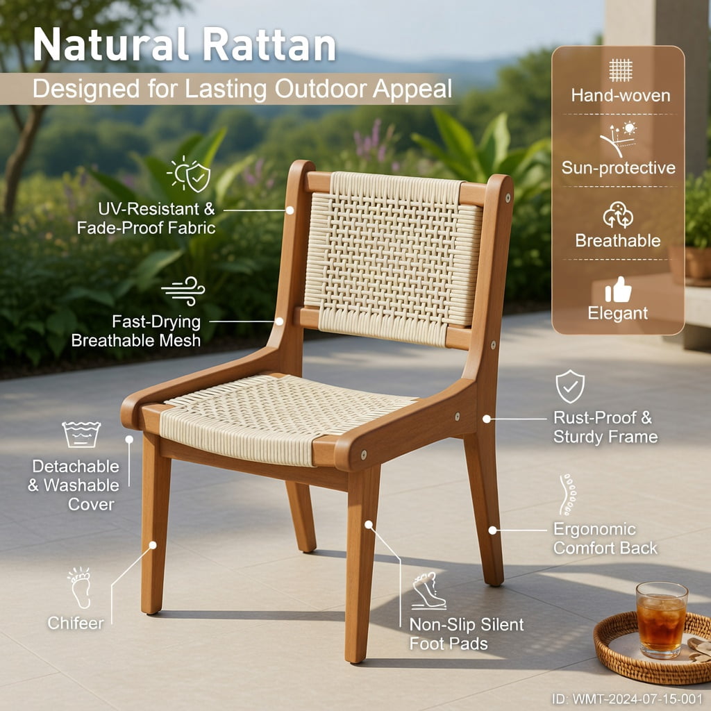 Hommoo Outdoor Counter Height Bar Stool, Teak Wood Frame with Hand-Woven Natural Rattan Seat, 26" Seat Height, Rustic Boho Patio & Kitchen Island Chair, Natural