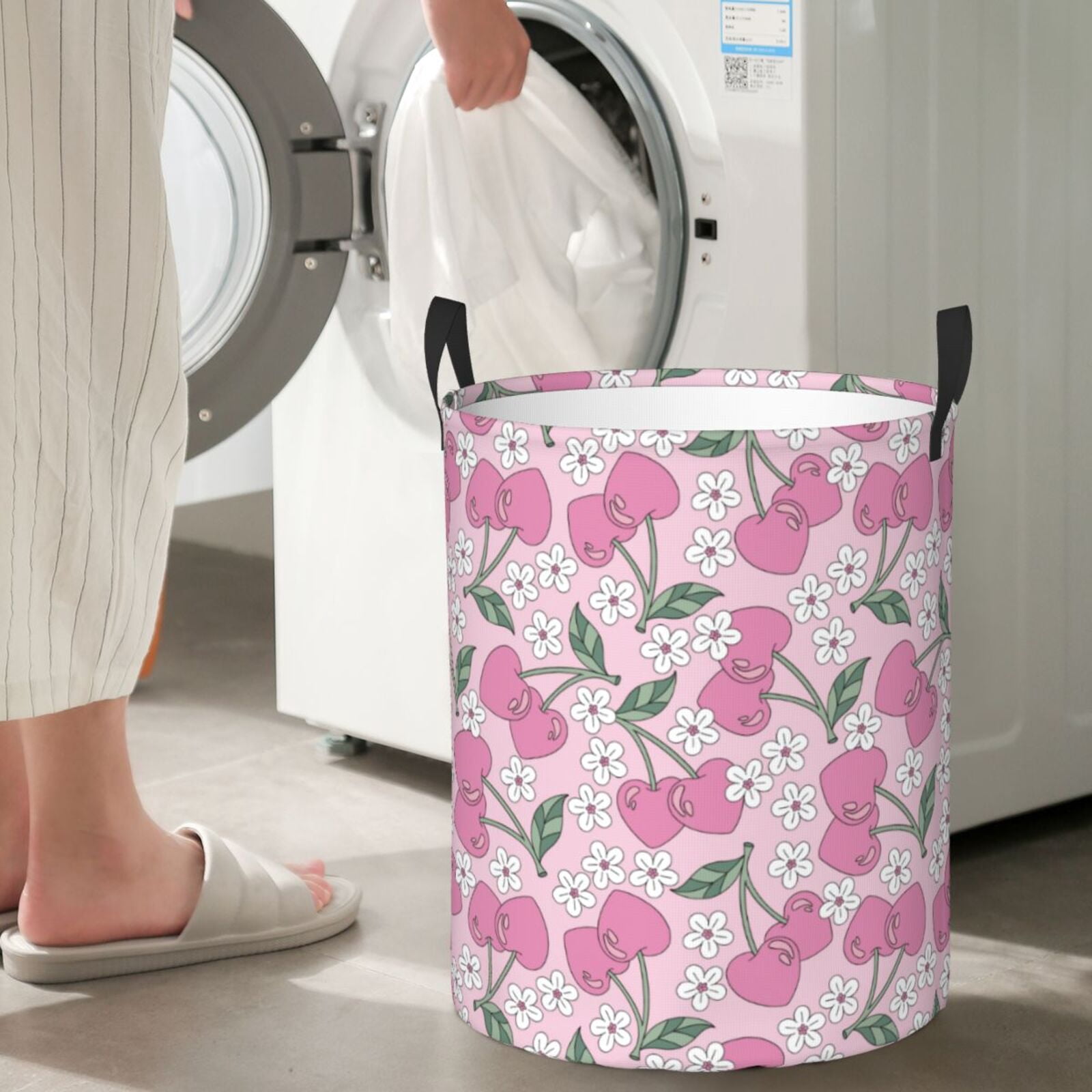 Large Laundry Basket with Handles - Cute Pink Berry Flower Leaves Kids Baby Dirty Clothes Laundry Hamper for Bedroom Aesthetic