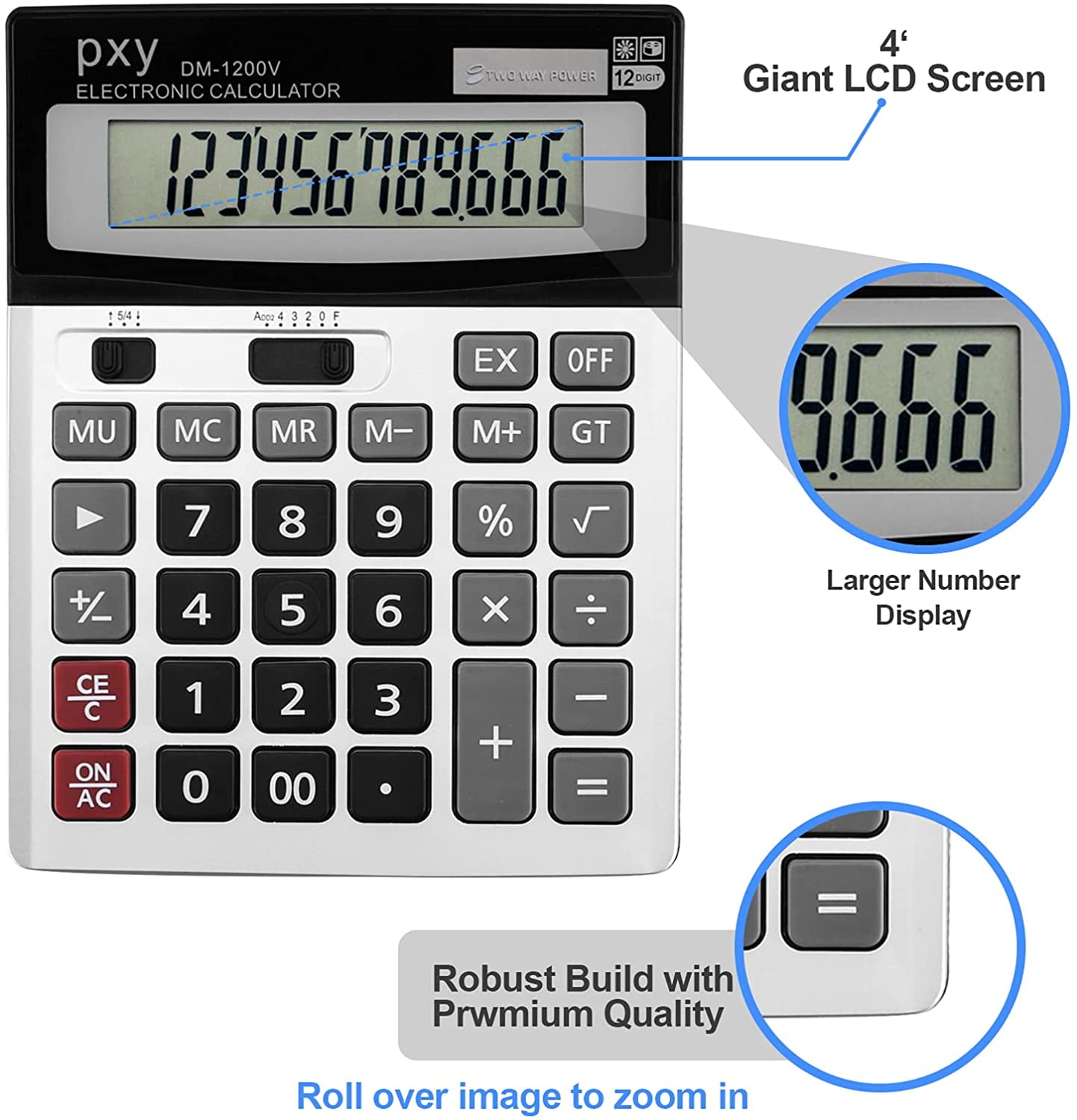 Desk Calculator 12 Digit Extra Large LCD Display, Touch Comfortable with Big Buttons,  Two Way Power Battery and Solar Standard Function Office Calculators