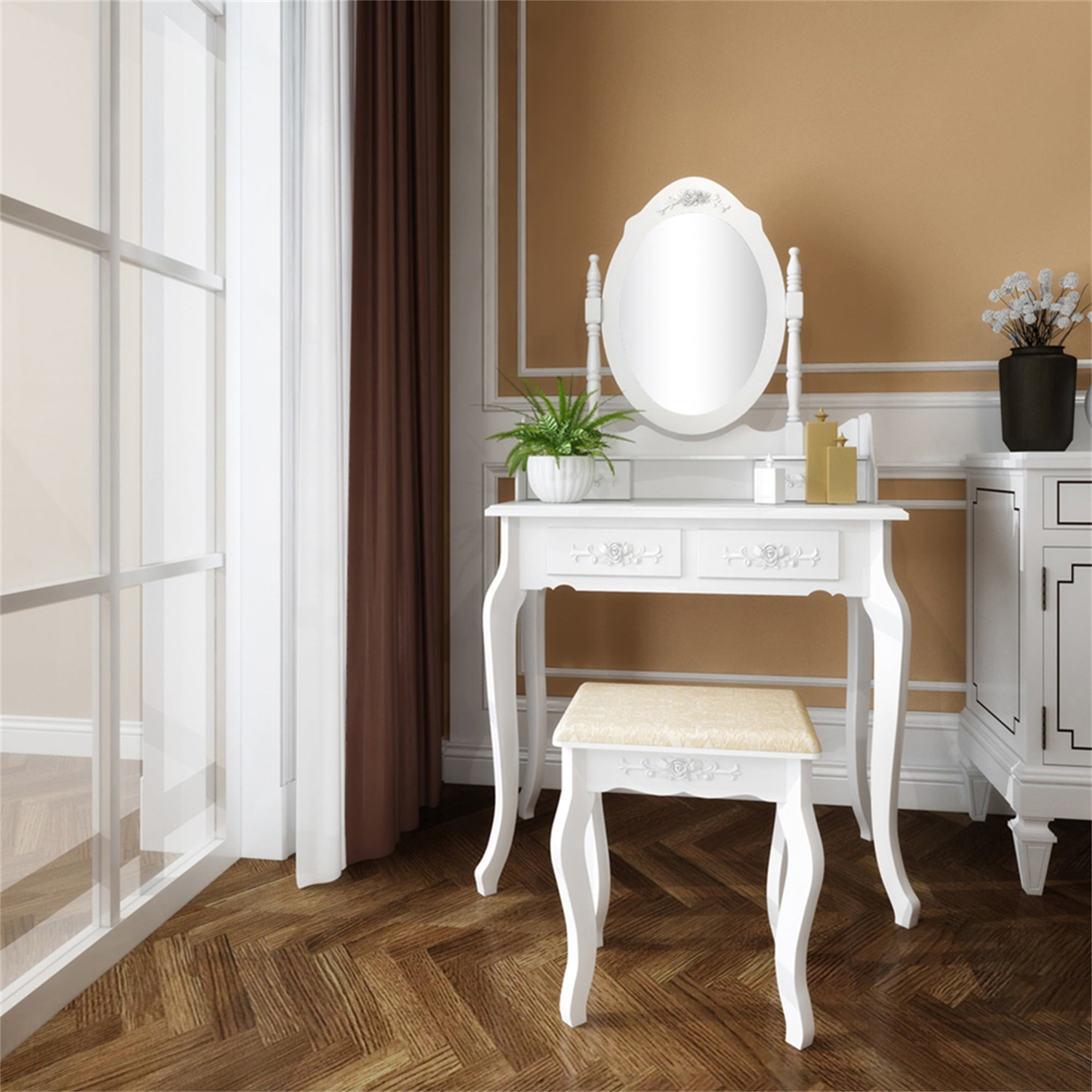 Kadyn Vanity Desk with Lighted Mirror, Vanity Table and Chair Set with 4 Drawer, White