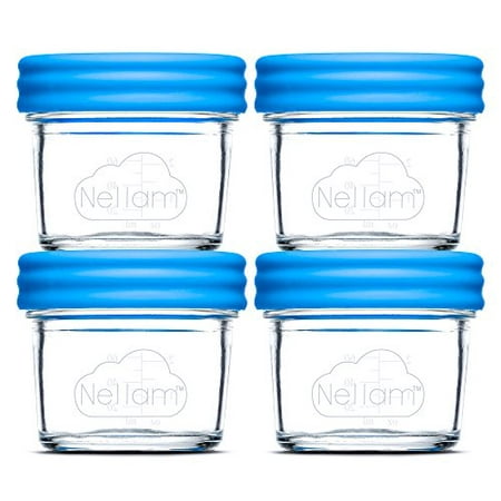 Baby Food Storage Containers - Leakproof, Airtight, Glass Jars for Freezing & Homemade Babyfood Prep - Reusable, BPA Free, Microwave & Freezer Safe (4x4oz
