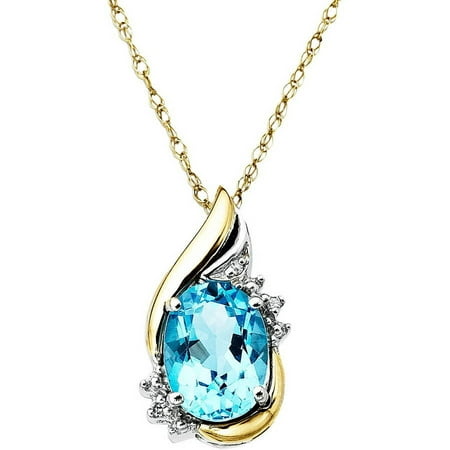Duet Sterling Silver with 10kt Yellow Gold Oval Simulated Blue Topaz and Diamond Accent Pendant