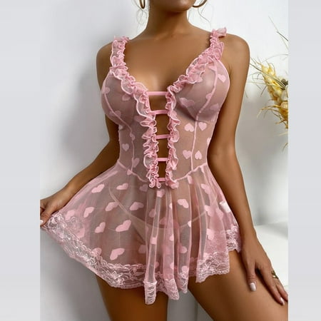 

Raeneomay Womens Sexy Lingerie Discount Clearance Women s Fashion Sexy Soild Heart Print Lace Splicing Mesh Nightdress