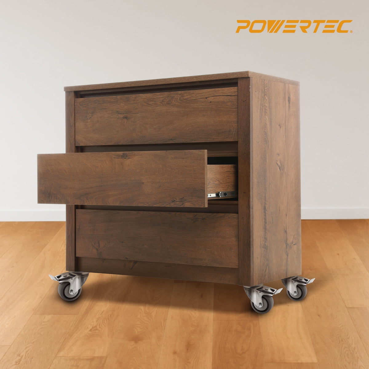 POWERTEC 4PK 3" Threaded Stem Caster Wheels with Brake & 600lbs Loads, Heavy Duty 1/2"-13 x 1-3/8" Stem Casters, Dual Locking TPR Rubber Castor Wheels for Furniture, Cart, Dolly & Workbench, 17201