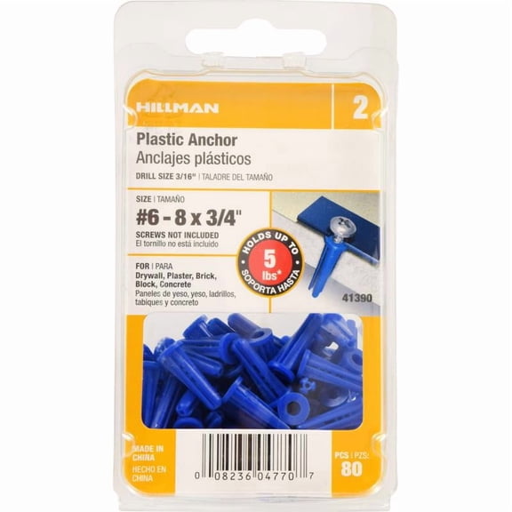 41390 80-Pk.,  6-8 x 3/4-In. Blue Plastic Wall Anchors - Quantity 5