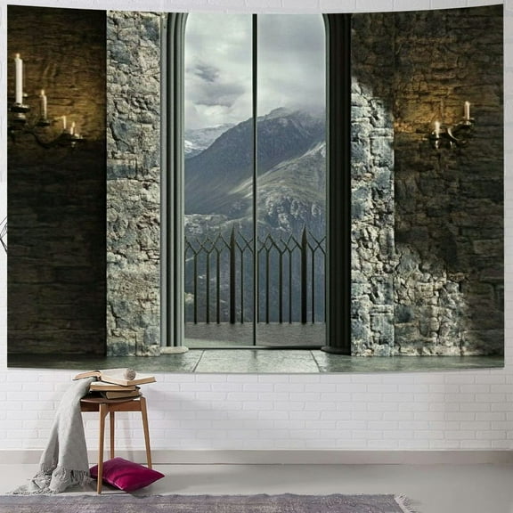 Patifu  Gothic Tapestry, Full Moon Birds Fantasy Old Castle Balcony Burning Candle Night View Art, Wall Hanging for Bedroom Living Room Dorm Decor 40x30inch