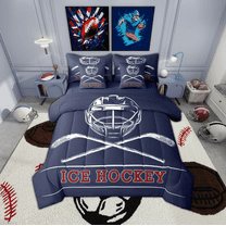 Manfei Ice Hockey Helmet 7-Piece Twin Bedding Sets,Sport Theme Bedding Comforter Set,Red Blue Sheet Sets For Boys,Ultra Soft Bedroom Decorative Reversible