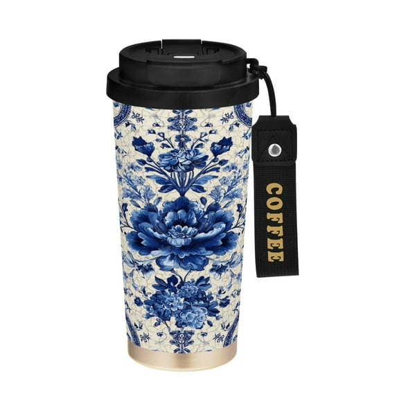 500ml Double-Wall Vacuum Insulated Tumblers Stainless Steel Coffee Tumbler with Ceramic Coating Blue and White Porcelain-style