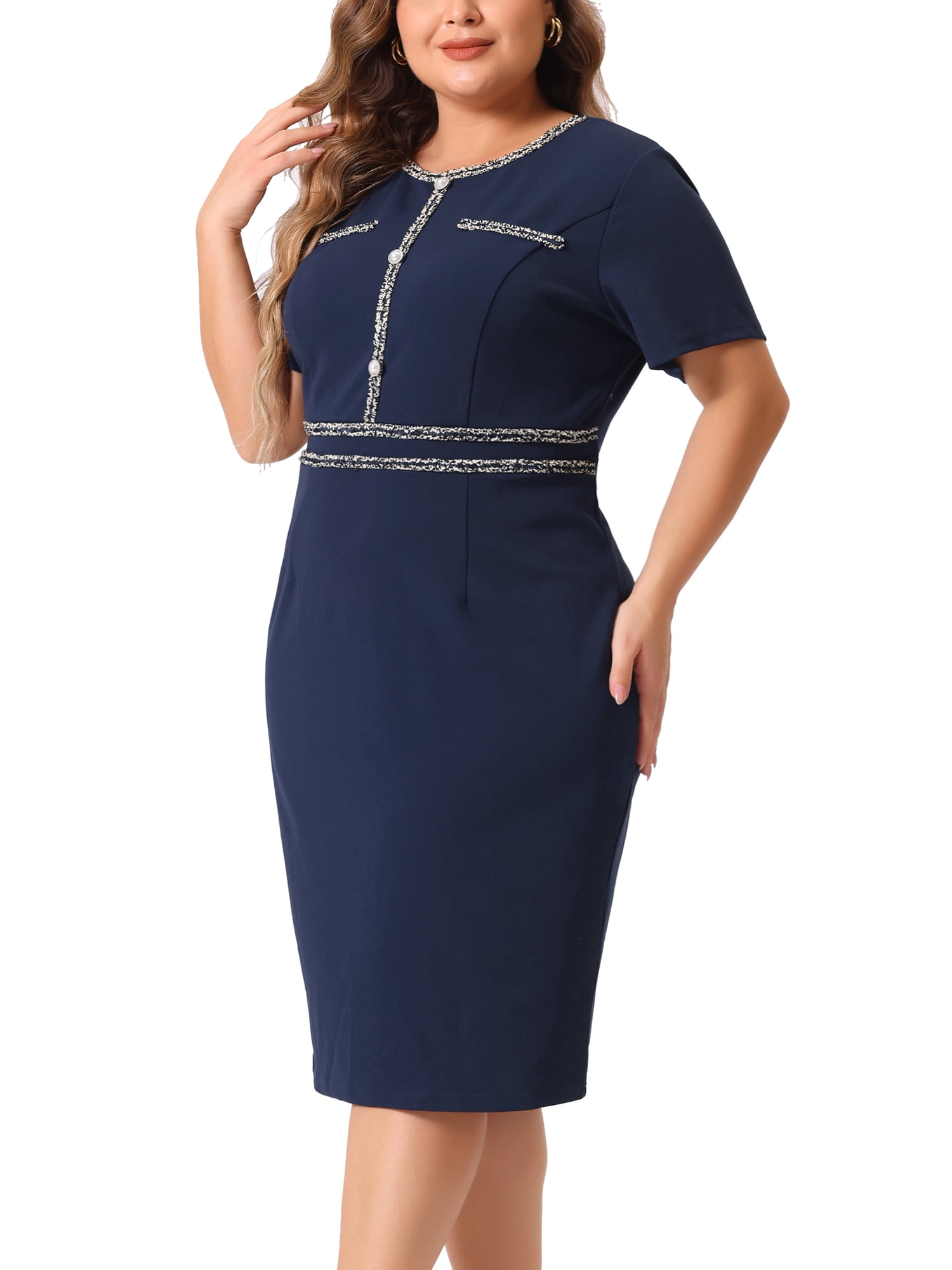 DARING DIVA Plus Size Button Crew Neck Bodycon Pencil Dress 1X Navy Blue