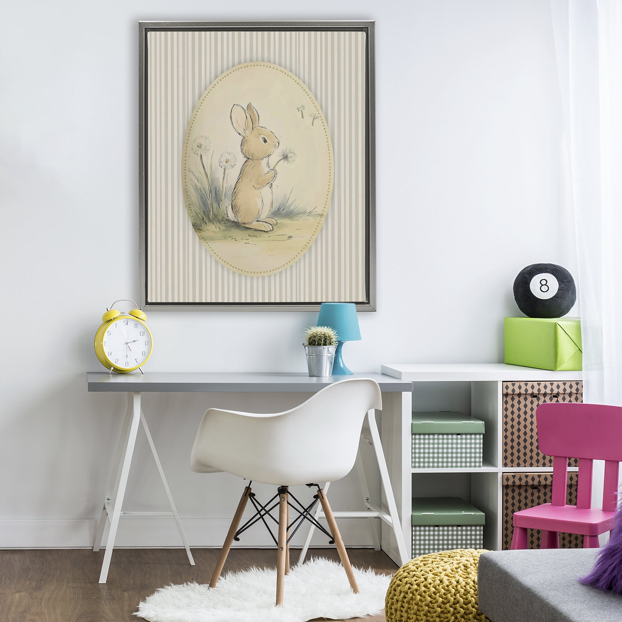 Stupell Industries Baby Bunny in Dandelions Gray Framed Floater Canvas Wall Art, design by Arlington Prints