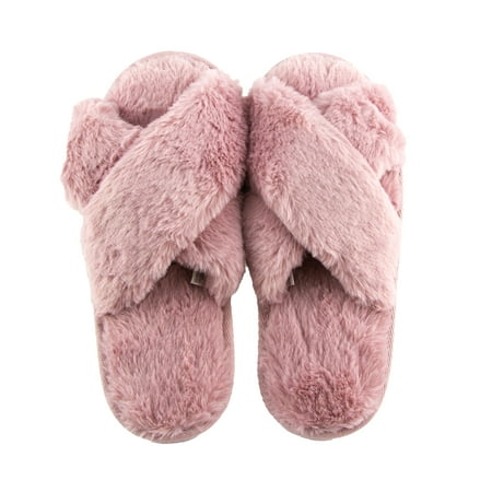 

Gold Coast Women s Open Toe Cross Over Plush Slippers in Pink Medium