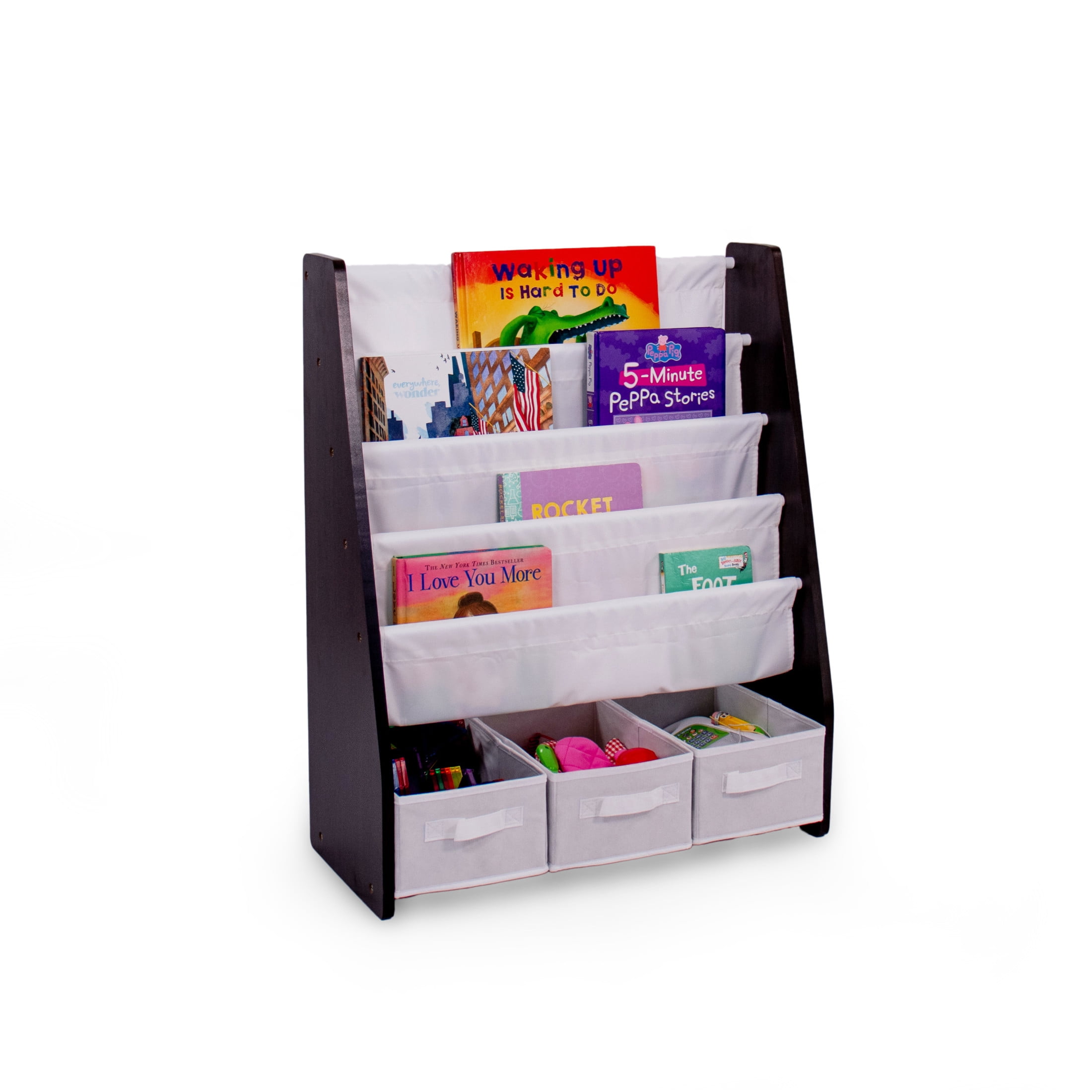 Humble Crew Kids Bookshelf 4 Tier Book Storage and Fabric Bin Organizer, Espresso/White