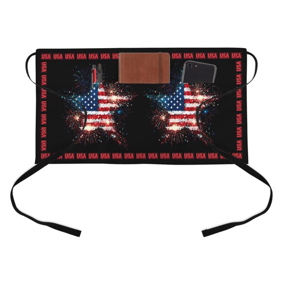 Independence Day Kitchen Restaurant Half Waist Apron, American Flag Star Abstract Black USA Server Short Apron with 3 Pockets Waterproof Oil Waist Aprons for Women Waitress Waiter