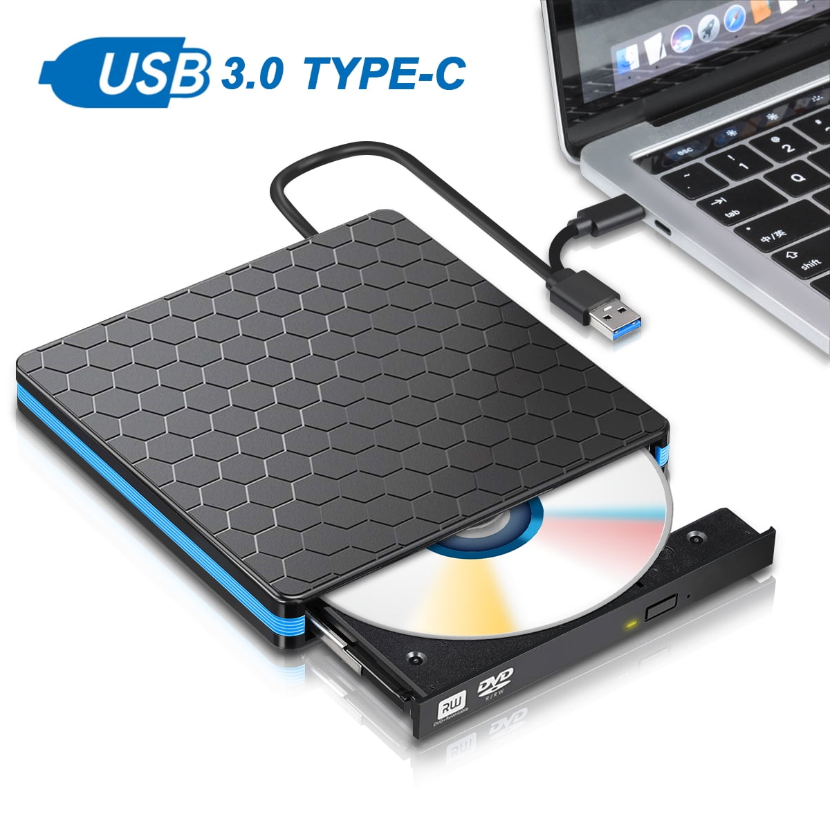 External DVD Drive, USB 3.0 Type C CD Drive, Dual Port DVD-RW Player, Portable Plug and Play, High Speed Data Transfer for Laptop Desktop PC OS Windows 98SE / ME / 2003 / XP