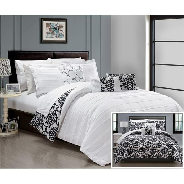 Chic Home CS2417-US Lear Complete Plearted Ruffles & Reversible Printed Bed in a Bag Comforter Set Sheets - White - King - 10 Piece