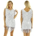 thumbnail image 1 of TiaoBug Robe Sans Manches à Col en V pour Femme, Robe à Paillettes Brillantes avec Franges, Robe de Samba, Latin, Tango, Argent X, 1 of 7