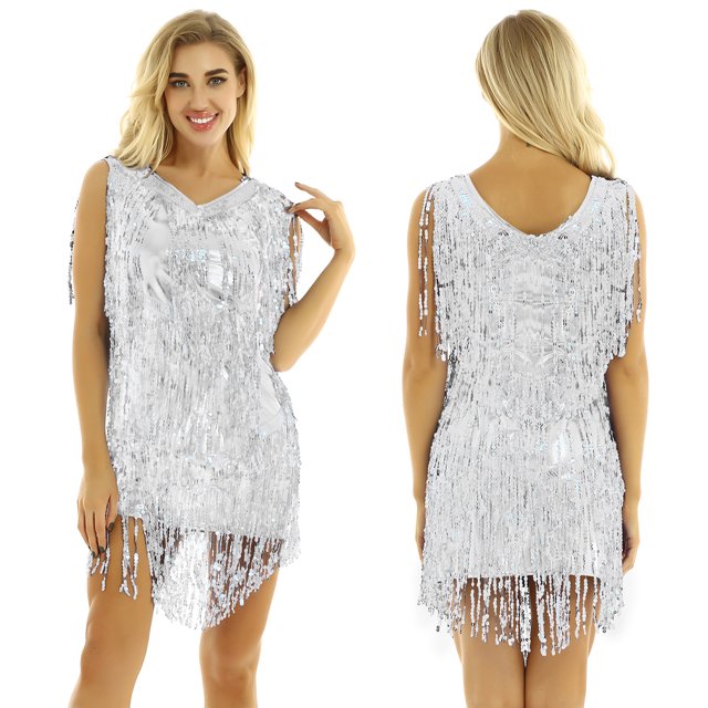 TiaoBug Robe Sans Manches à Col en V pour Femme, Robe à Paillettes Brillantes avec Franges, Robe de Samba, Latin, Tango, Argent X