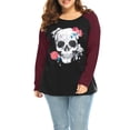 thumbnail image 2 of Unique Bargains Women's Plus Long Sleeve Scoop Neck Floral Skull Tops 2X Black Burgundy, 2 of 5