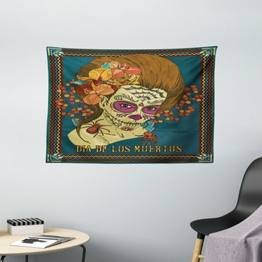 Day Of The Dead Decor Tapestry, Dia de Los Muertos Skull Girl with Roses Hearts Print, Wall Hanging for Bedroom Living Room Dorm Decor, 60W X 40L Inches, Petrol Blue Caramel Amber, by Ambesonne