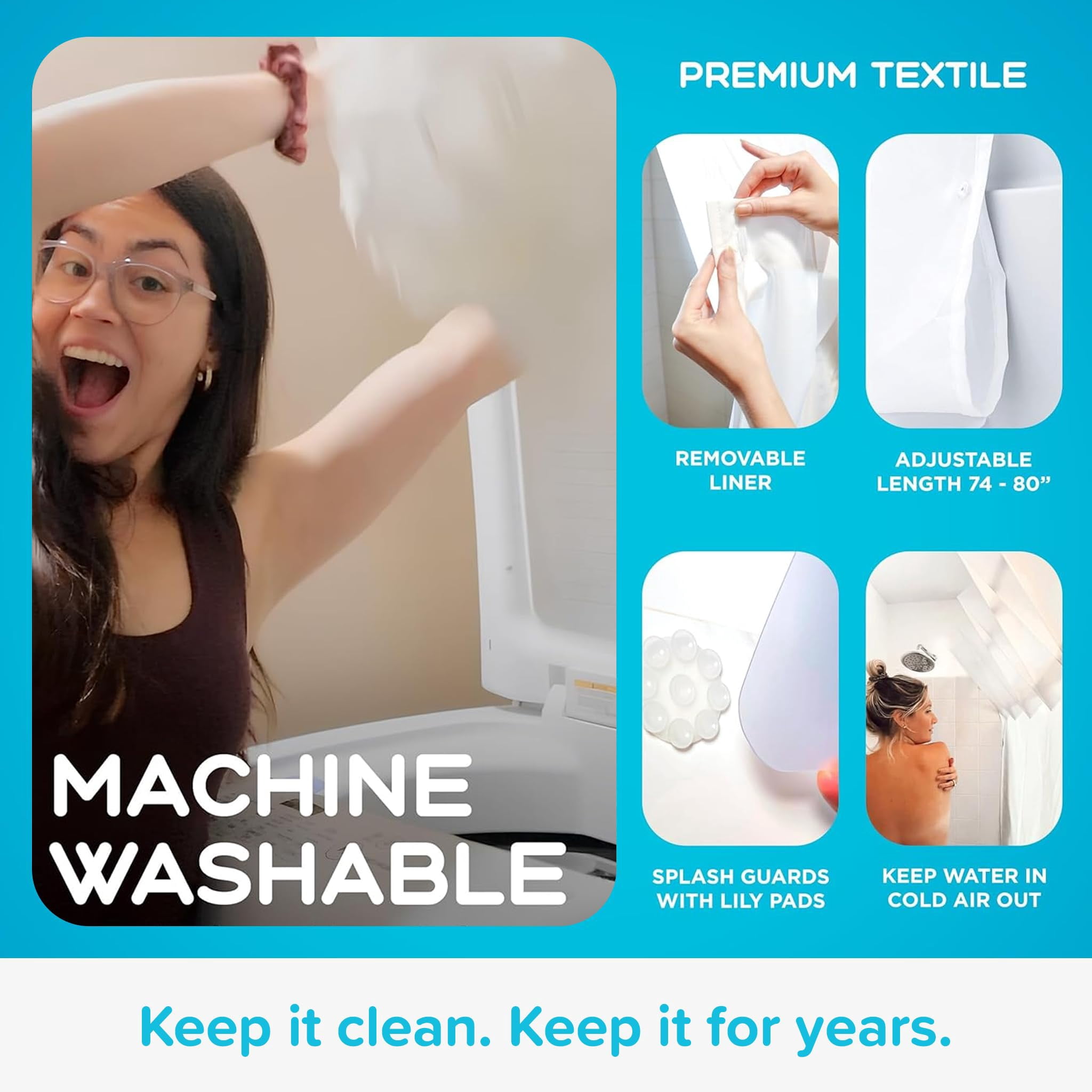 SPACE Expandy Shower. 4-in-1 Set: Folding Expander + Pop-on Hoops + Machine Washable Shower Curtain Liner + Splash Guards. Fits Rods up to 60”W