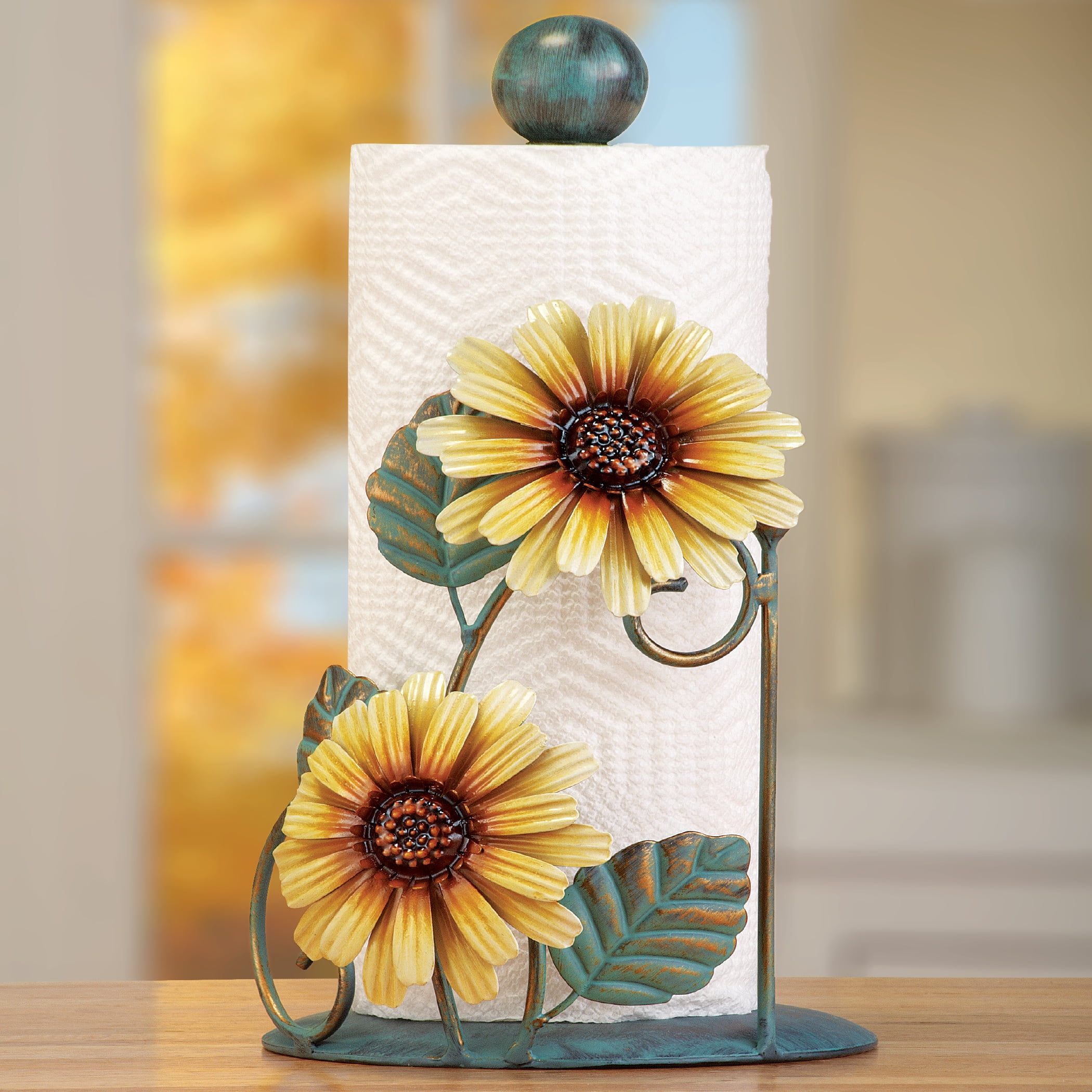 Sunflower Kitchen Paper Towel Holder, Paper Towel Holder Countertop, Yellow Paper Towel Rack Stand Farmhouse Heavy Duty Base Black Iron Steel