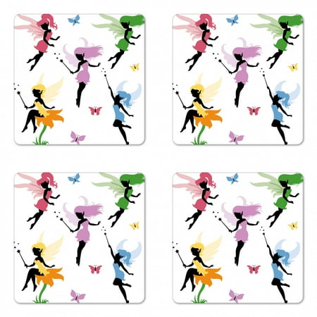 

Fantasy Coaster Set of 4 Pixie Spirit Elf Fairies Flying with Butterflies Girls Princess Flowers Design Square Hardboard Gloss Coasters Standard Size Multicolor by Ambesonne
