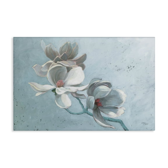 Stupell Industries Magnolia Branch on Blue Botanical & Floral Painting Gallery Wrapped Canvas Art Print Wall Art, 24 x 16