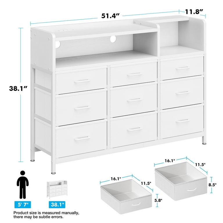 Dresser with LED Lights and Charging Station, 52-Inch Long Dresser for  Bedoom with 9 Large Storage Drawers, Fabric Dresser TV Stand with Open  Shelves, White - Walmart.com