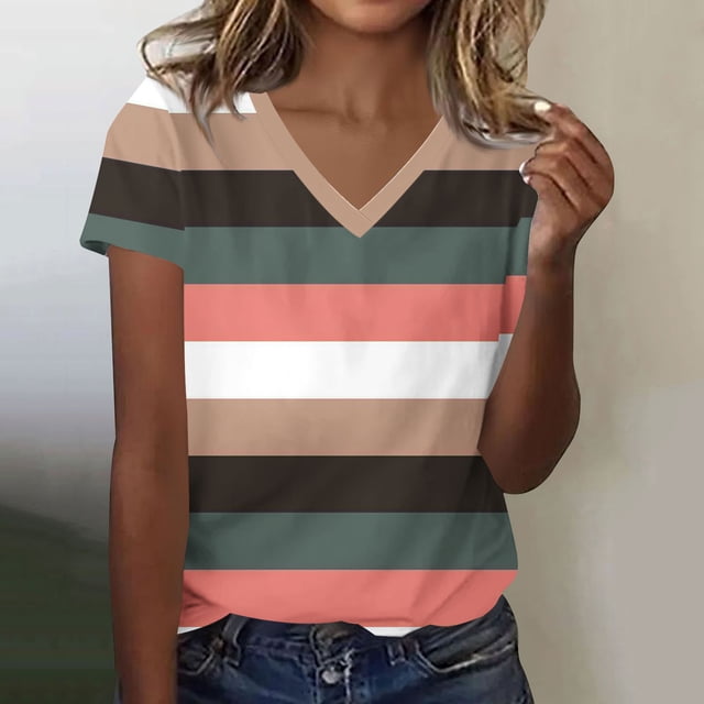 Haivin Summer Tops for Women 2025 Trendy Vacation Short Sleeve Button Vneck T Shirt Loose Fitted Boho Graphic Tees Fashion
