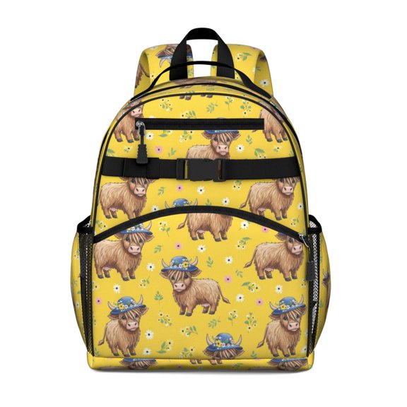 Highland Cow and Hat Print Cute School Backpack Bag for School with Padded Back and Adjustable Shoulder Straps 15.25"x11.5"x5.25"