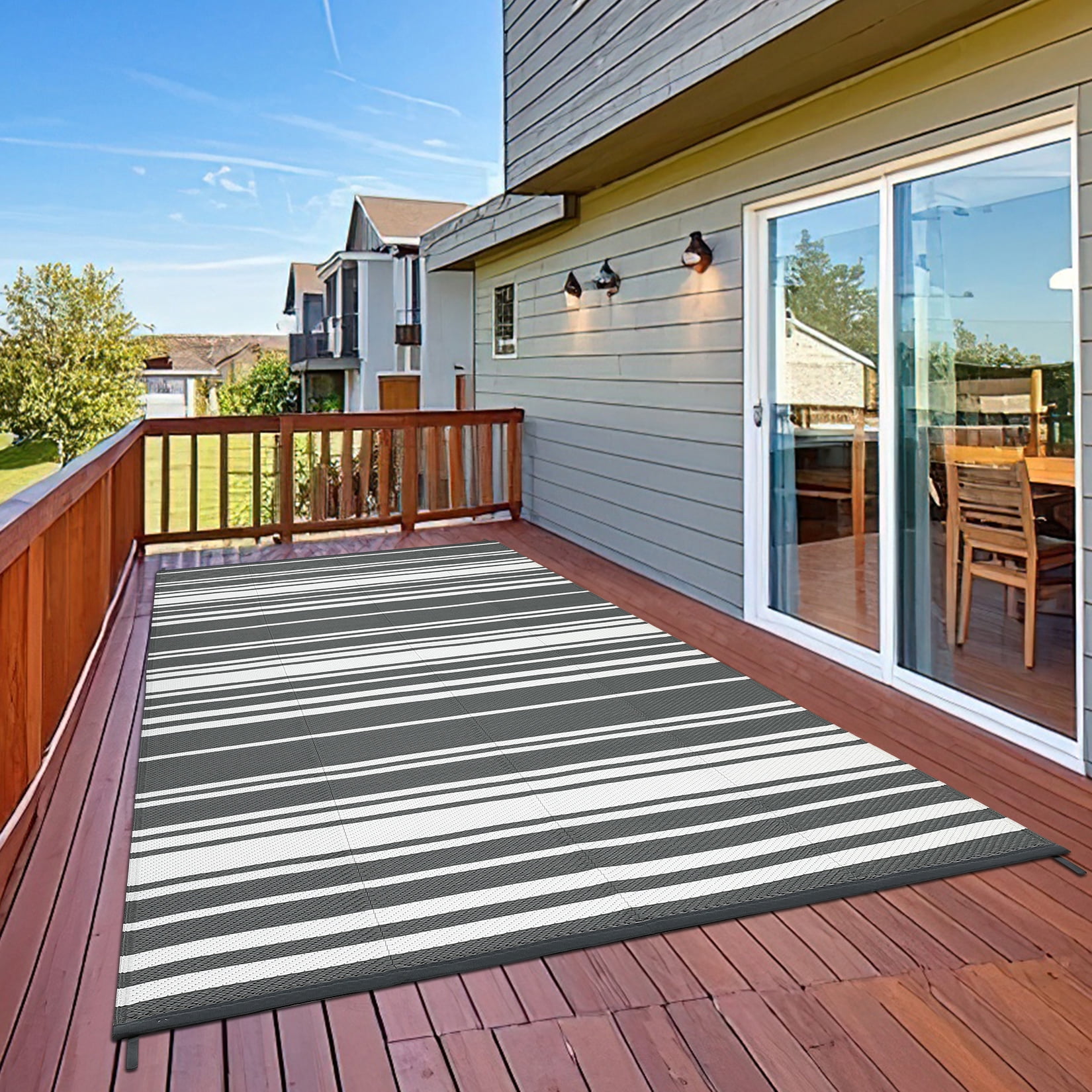 FairOnly 8'x10'Grey Outdoor Area Rug Reversible Foldable Stain Resistant Waterproof Rugs for Beach Camping RV