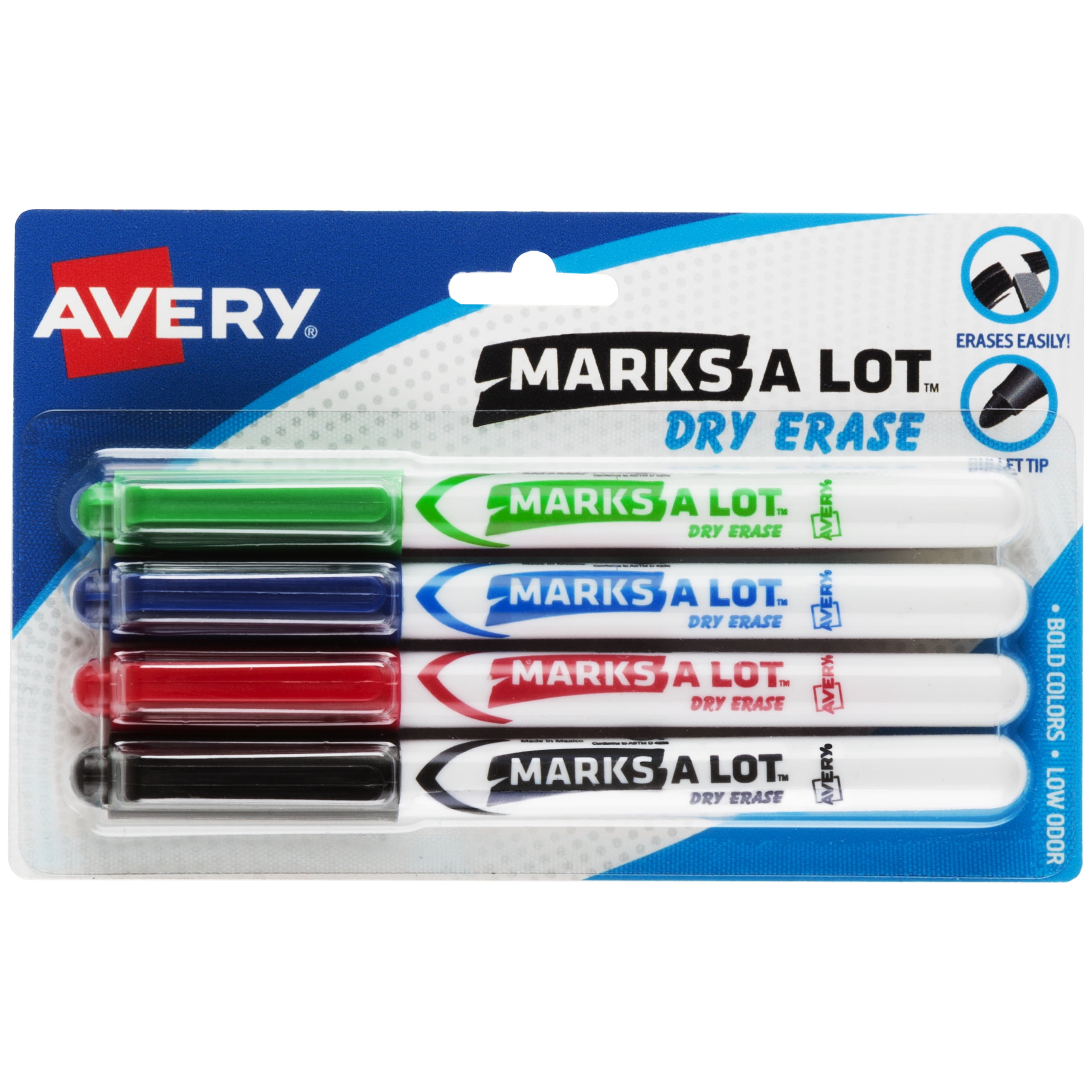 Avery Marks A Lot Dry Erase Markers, Pen-Style, 4 Assorted Markers