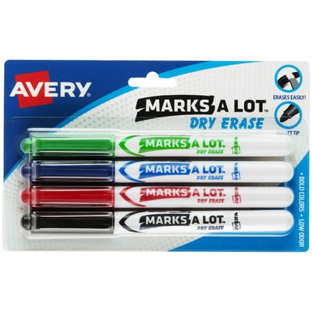Avery Marks A Lot Dry Erase Markers, Pen-Style, 4 Assorted Markers