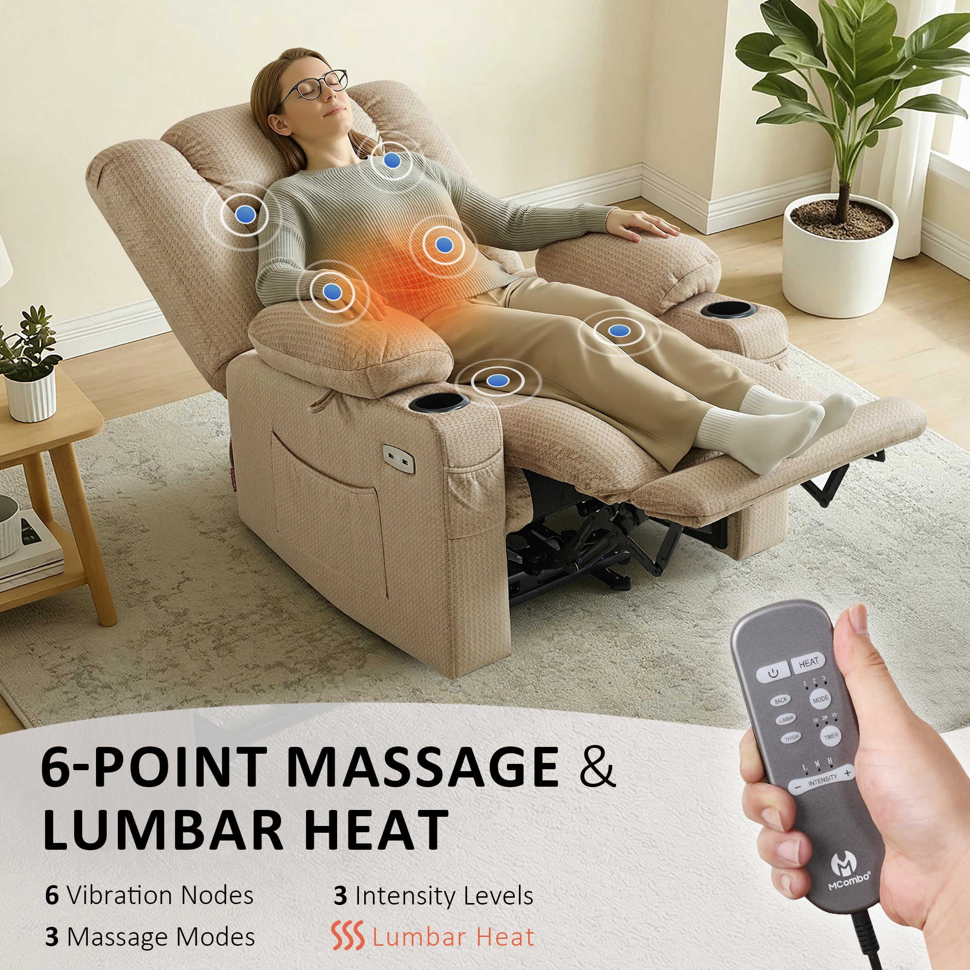 MCombo Electric Power Recliner Chair w/ Massage USB Cup Holders for Living Room Beige Fabric 6079