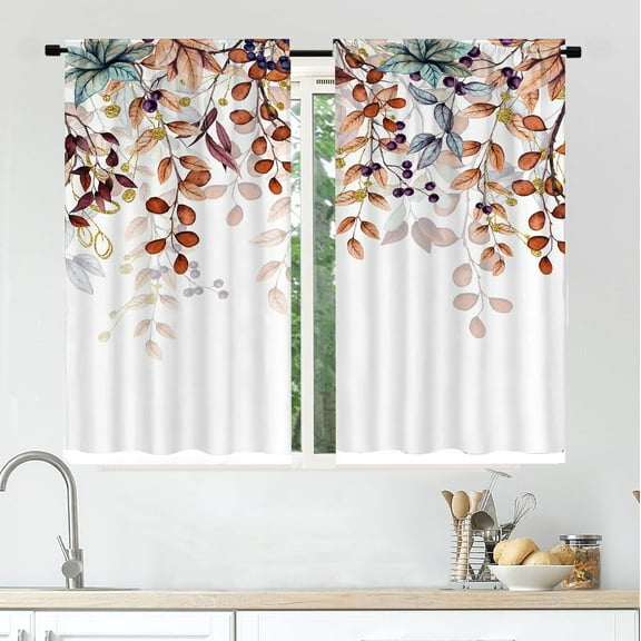 Short Tier Curtains for Kitchen Bathroom, Retro Multi-Colored Leaves Cafe Curtains, Polyester Soft Airy Kitchen Sink Curtains with Kitchen Bathroom Window Curtains, 39" x 27.5", 2 Panels