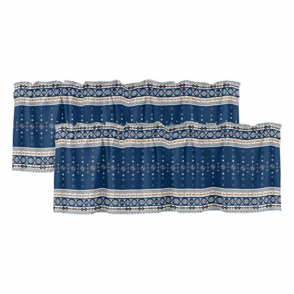 2 Pack Navy Blue Boho Valances for Windows Bedroom Living Room Window Treatments, Vintage Ethnic Tribe Abstract Art Rod Pocket Valance Drapes Short Kitchen Curtains Over Sink 42"x18"