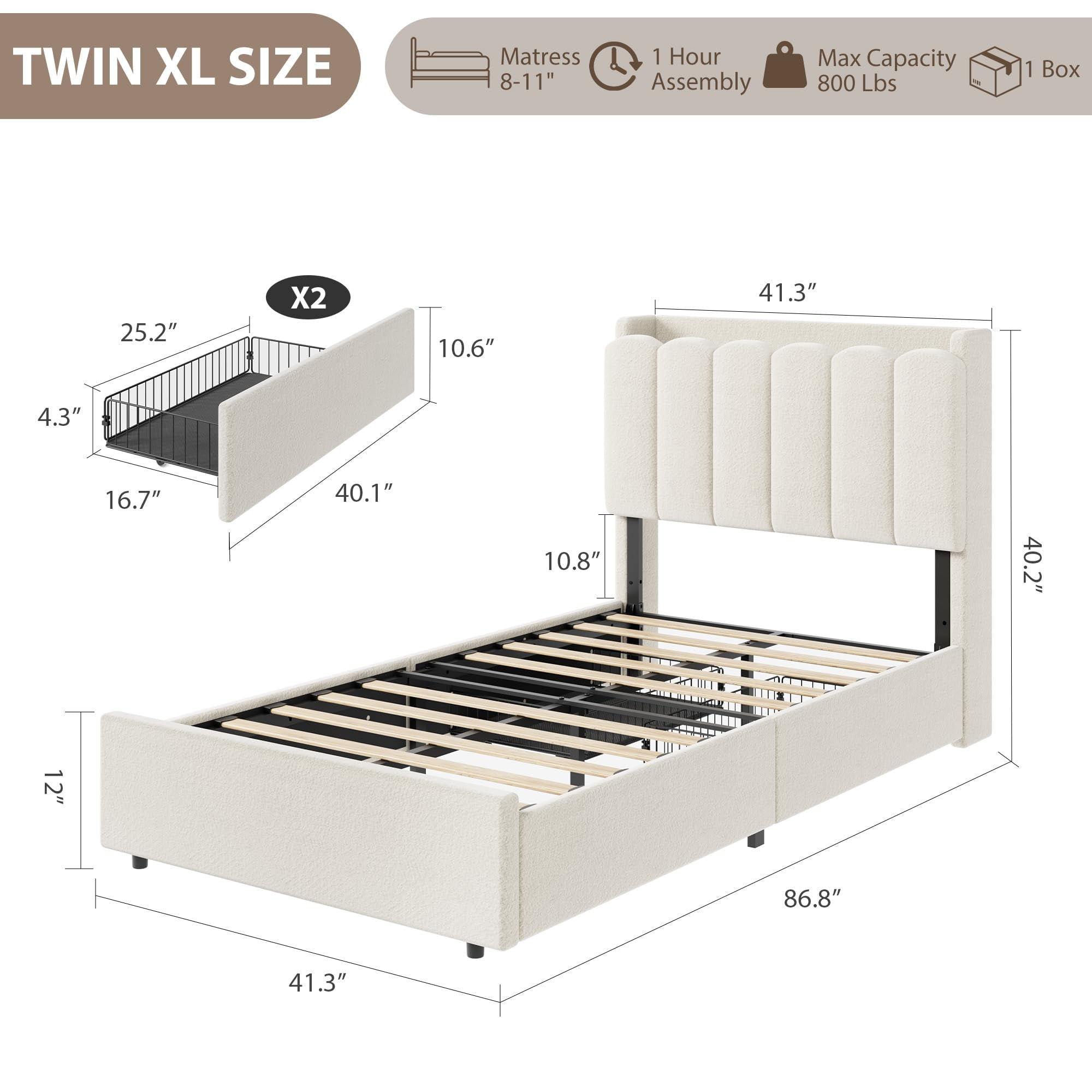 Bed Frame with 2 Storage Drawers, Upholstered Bed Frame Queen Size with LED Lights Headboard, No Box Spring Needed, Easy Assembly