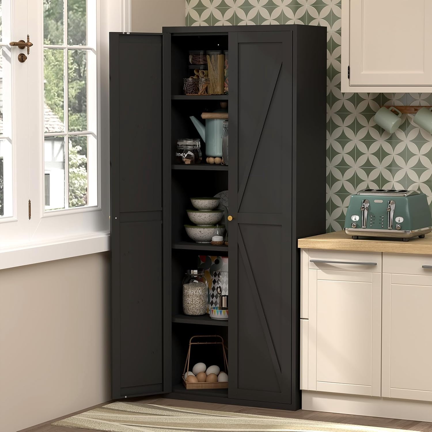 Howcool 71" 2-Door Steel Storage Cabinet with Adjustable Shelves for Kitchen Living Room Office, Black