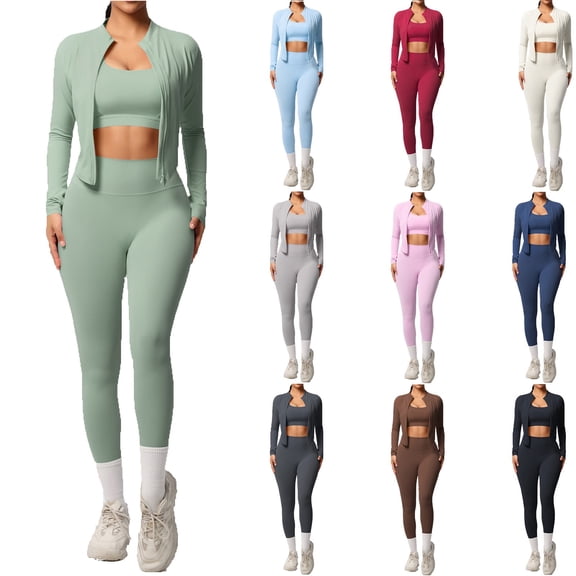 KHONTS Women 3 Piece Workout Sets High Waist Seamless Leggings Crop Tops Jacket Gym Yoga Outfit Stretchy Sports Bra Set White XL