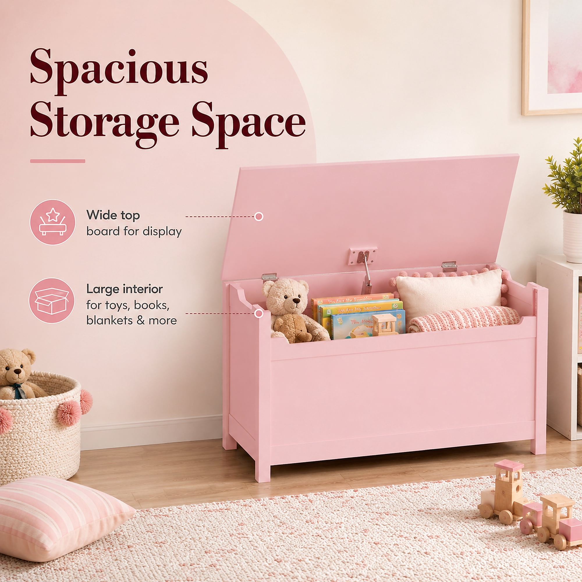 Miniyam Toy Storage Bench with Lid, Kids Toy Box and Storage Chest for Bedroom, Playroom, Nursery, Pink