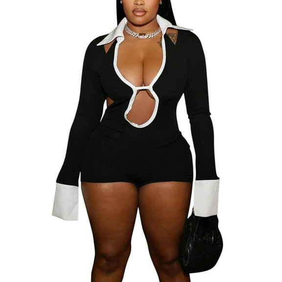 Women's Sexy Deep V Jumpsuit Romper – Long Sleeve Backless Hollow Out with Shirt Collar Tight Fit Shorts