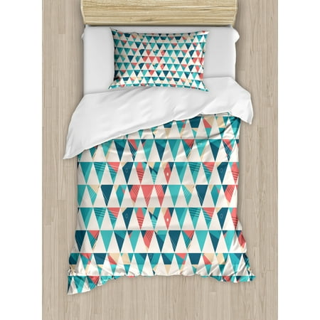 Turquoise Color Bedding Geometric Duvet Cover Set, Abstract Triangles Hexagons Soft Colors Modern Artwork Cubism Inspired, Decorative Bedding Set with Pillow Shams, Turquoise Teal Coral, by Ambesonne ()