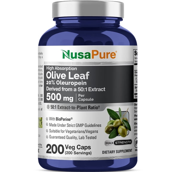 NusaPure Olive Leaf Capsules 500mg , 200 Veg Caps (Non-GMO, Vegan, Non-GMO)