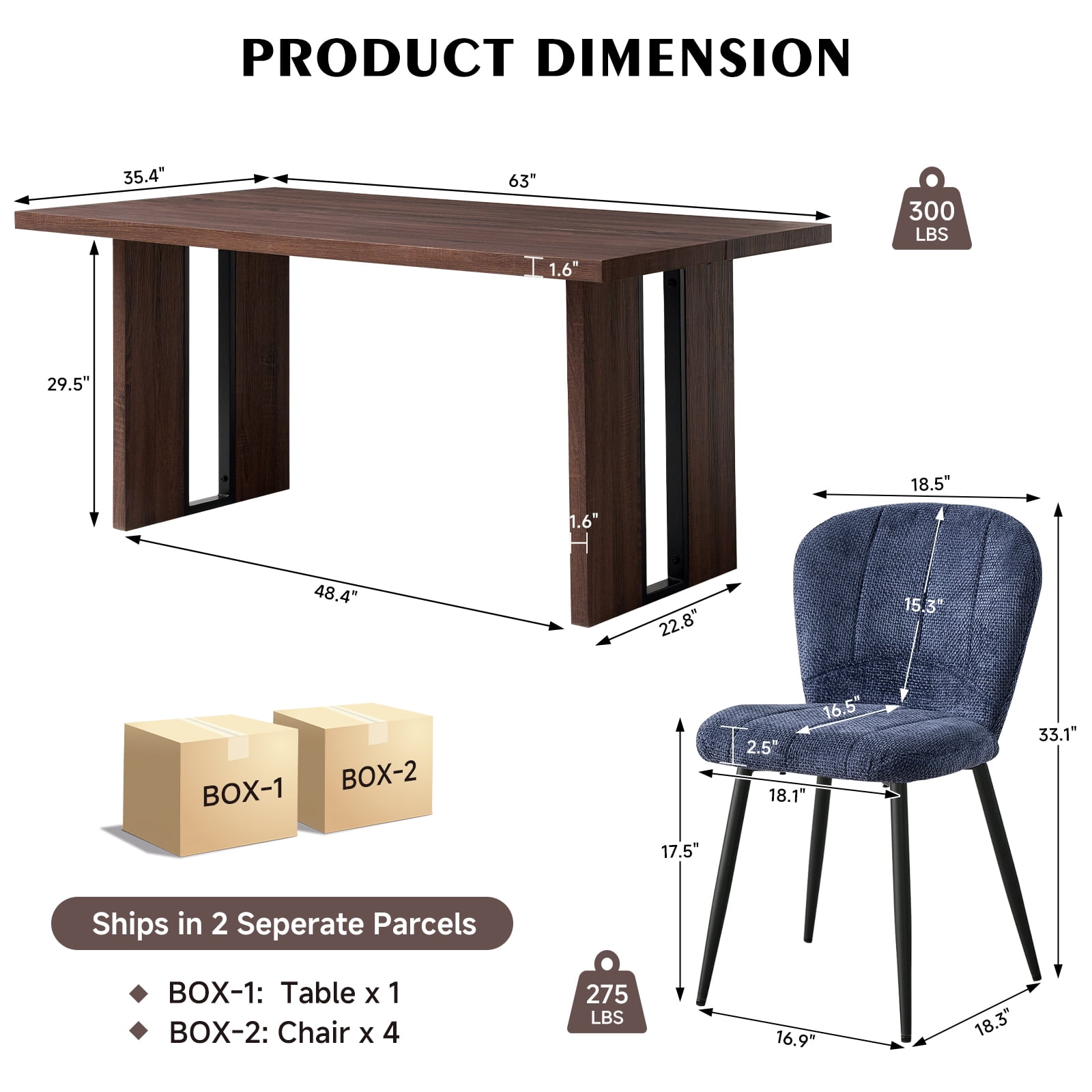 63" Dining Table Set for 4 6 People, 5 Piece Kitchen Dining Room Table with 4 Blue Chenille Chairs for Living Kitchen Room Apartment