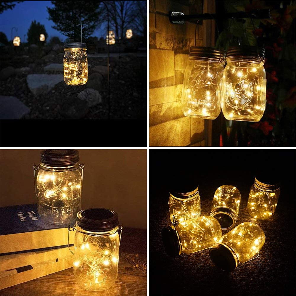 Soapow 6 Pack Mason Jar Solar Lights, 3m 30 LED Hanging Solar Mason Jar Lantern Outdoor, Waterproof Fairy Lights Solar Lamp with 6 Handles for Patio Garden Wedding Yard, Warm White (No Jars)