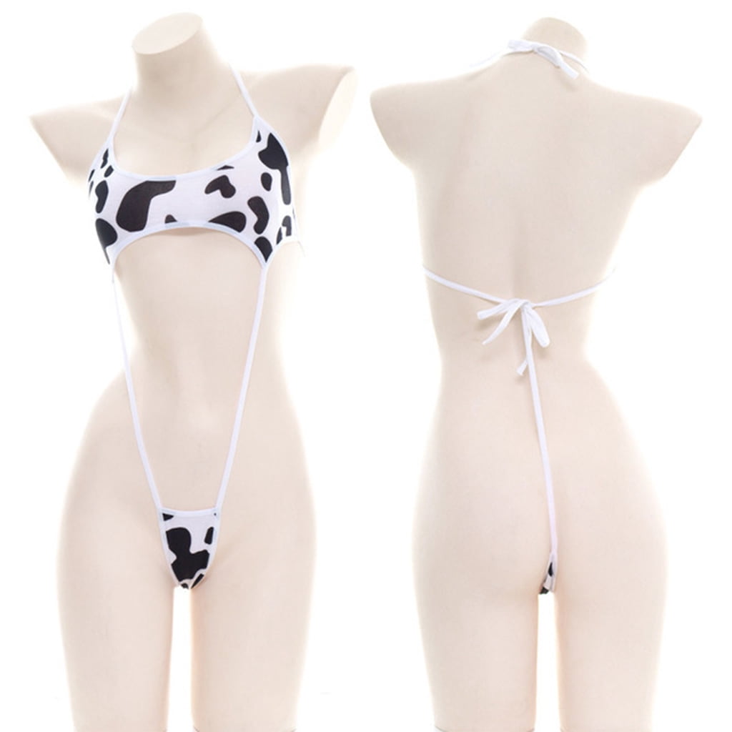 Anime Cute Cow Print Bikini Bodysuit Sexy Halter Backless Sexy Micro Lingerie